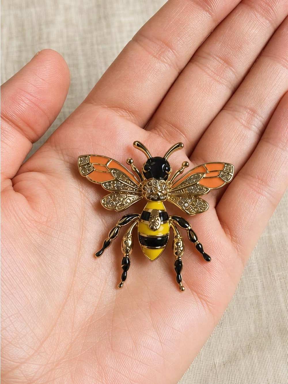 Fashion Nova Gold Bee Brooch with Yellow, Black, Orange Accents